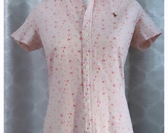 Vintage 90’s Ralph Lauren Pink Floral Button Down Shirt Dress / 100% Cotton / Size 4