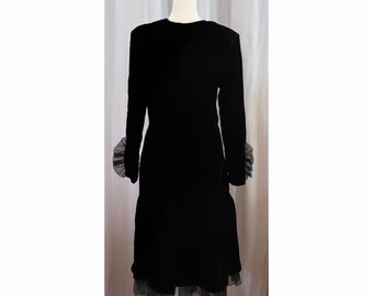 Vintage Martin Ross Black Velvet Dress / Size 6 Drop Waist Pleated Chiffon Trim