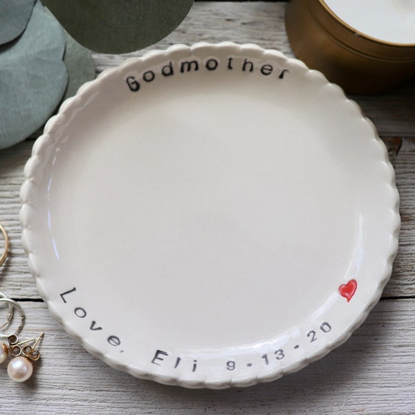 Godparent Gift, Scalloped dish, Personalized, Baptism Gift or Christening Gift, Gift Boxed, Made to order