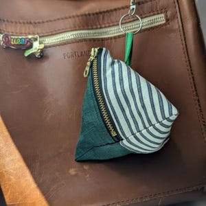 May include: A triangular fabric pouch featuring a dark green textured section and a white and dark blue striped section, joined by a gold-toned zipper. The pouch includes a green fabric loop attached to a silver-toned metal keyring and clasp.