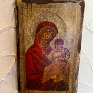 Vintage Madonna and Child Icon, Vintage Reproduction of Early Ohrid Icon, Print On Wood, Religious Catholic Wall Art Saint Mary Child Jesus