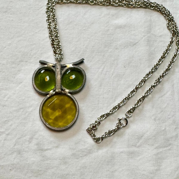 Vintage Owl Pendant Necklace, Artisan Made Pewter Owl Set With Green & Gold Glass, Groovy Owl On Silver Tone Chain, Boho Hippie Jewelry