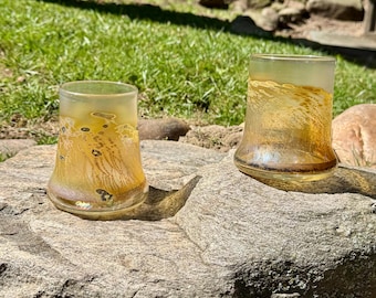 Pair Robert Coleman Iridized Art Glass Vases, Vessels, Drinking Glasses, Iridescent Hand Blown Glass Artisan Signed RC Circa 1990