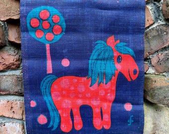 Vintage Danish Mid Century Modern Jute Wall Hanging Hans Jurgen Schobel for Sodahl, Denmark, Horse by Apple Tree, MCM Wall Art