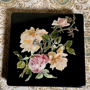 Antique Lacquer Box With ROSES, Black & Red Japanned Decorative Box Circa 1920s, Unusual Square Shape, Romantic Treasure Keepsake Box