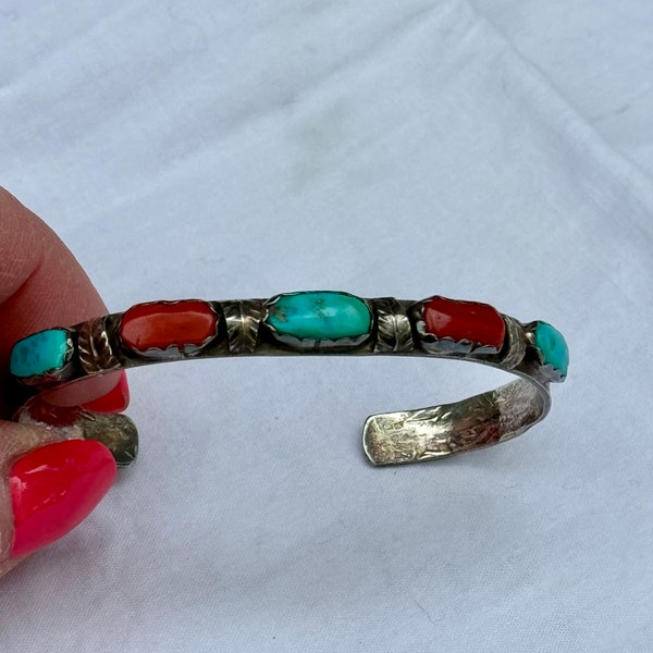 Vintage Zuni Cuff Bracelet by Angelita Cheama, Turquoise & Red Coral Silver Bracelet Signed Angie, Hand Crafted Native American Artisan Cuff