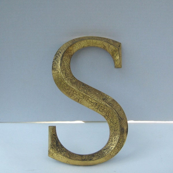 Vintage Cast Iron Letter "  S " Crackled Gold Gilt Finish Architectural Salvage LARGE Sign Letter For Mantel Front Door Garden Gate Exterior