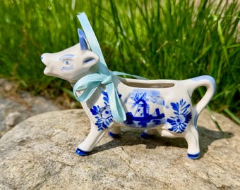 Vintage Delfts Blue Cow Creamer, Iconic Windmill Design On Her Side, Hand Painted Figural Cow Cream Milk Vessel Sweet