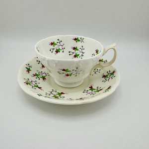 May include: A white teacup and saucer set with a floral pattern of green leaves and red berries. The teacup has a curved handle and sits on a matching saucer. The set is made of porcelain.