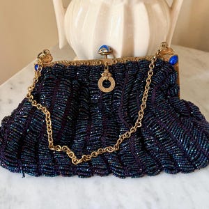 STUNNING Vintage Iridescent Peacock Blue Beaded Purse Handbag With SWAN Frame & Lapis Accents, Evening Bag w Glittering Beads, Chain Handle