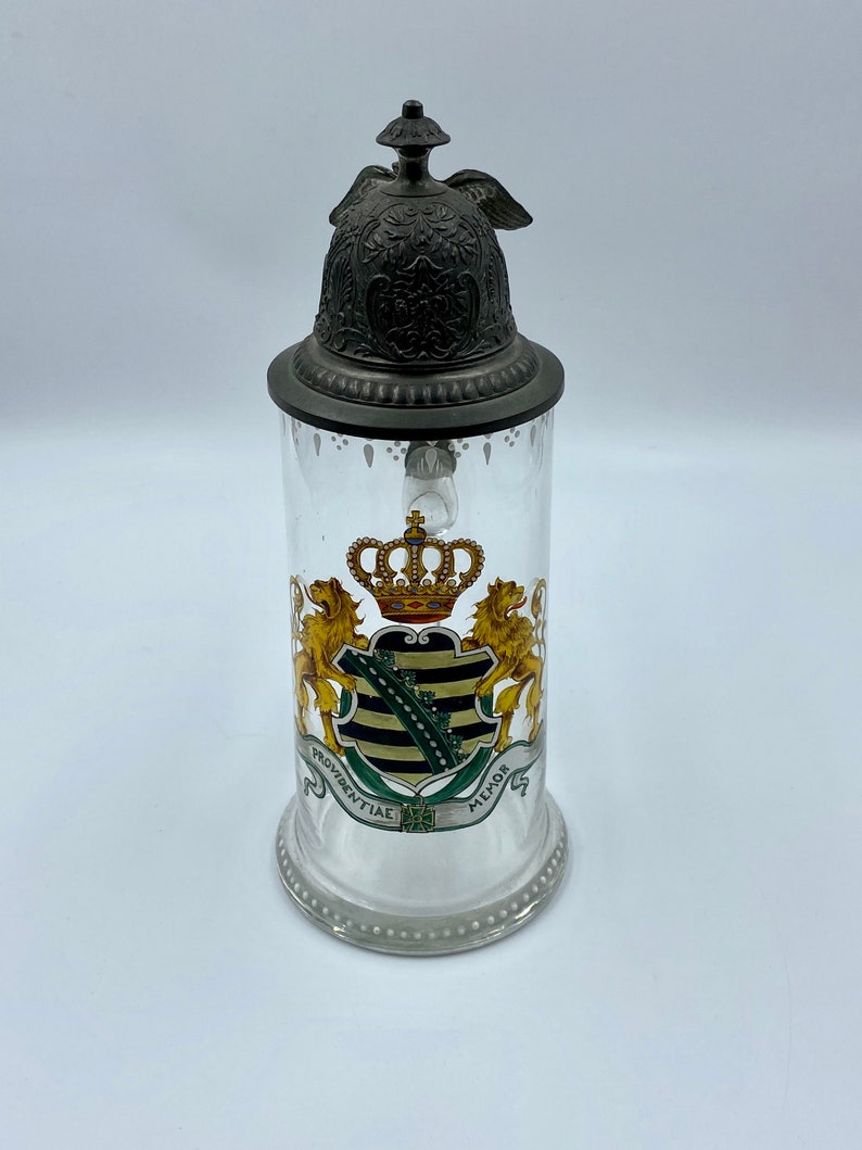 Antique Providentiae Memor German Glass & Pewter Stein w Hand | Etsy