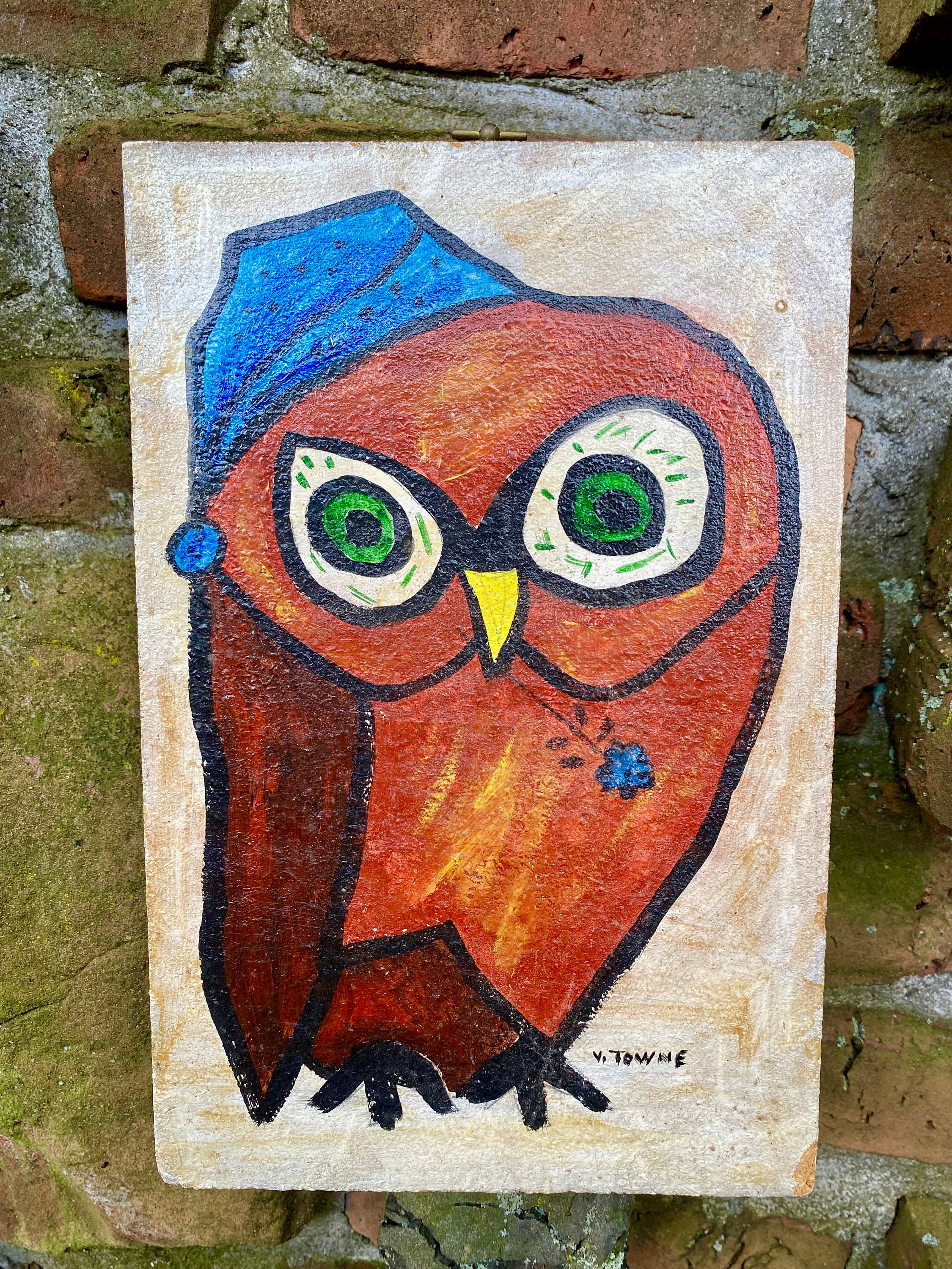 Owl In Nightcap Original Painting Signed V. Towne, Whimsical MCM Painting On Particleboard, OOAK Owl