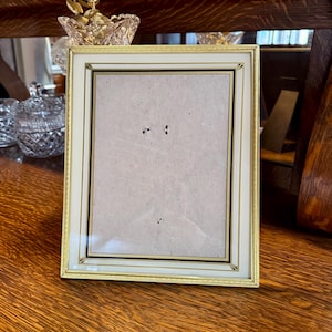 Art Deco Fancy Gold Tone Metal Picture Frame, Ornate Stamped Metal Design w Decorated Mat, Vintage Tabletop Desk Easel Back