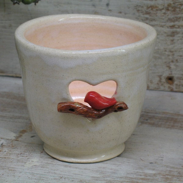 Red Bird Candle Luminary - Handmade Pottery by Heidi