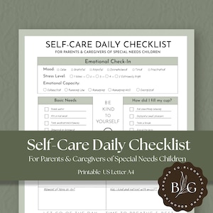 Special Needs Parent Self-Care Daily Checklist Printable PDF Caregiver Wellness Tracker