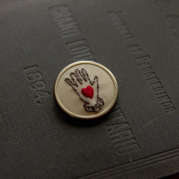 Heart in Hand - embroidered pin brooch