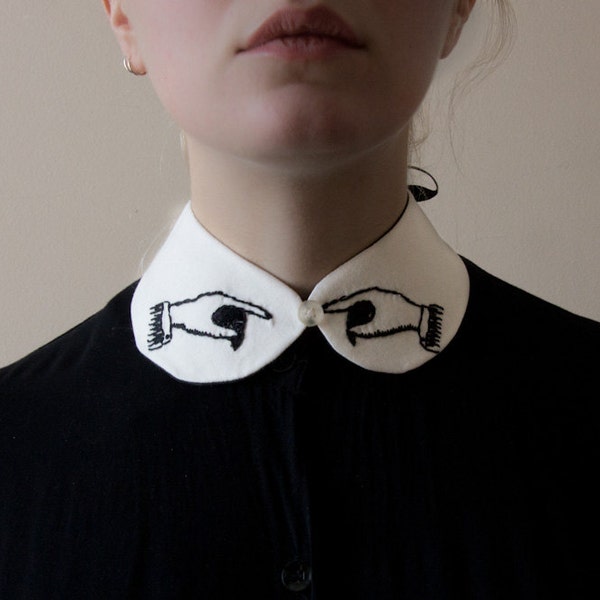 pointing hands collar - white with black embroidery MADE TO ORDER
