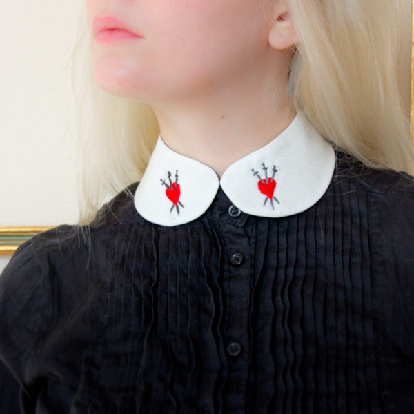 three of swords collar - hand embroidered on white cotton MADE TO ORDER