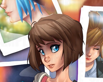 May include: Digital art featuring a young woman with brown hair and blue eyes, wearing a pink top and gray jacket. The artwork includes framed images of other characters and a deer. The text "art by Nick Minor" is visible.