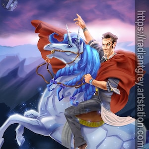 May include: A man in a red cape rides a white unicorn with blue hair and a blue tail. The unicorn has a silver horn and a blue eye. The man is holding the reins and looking up. The background is a purple and pink sky with mountains in the distance. The text "HANDSOME" is visible on a rock in the foreground. The text "art by Nick Minor" is visible in the bottom right corner.