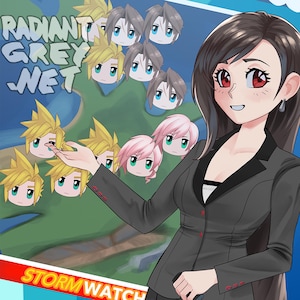 May include: A cartoon woman in a black blazer with red accents is standing in front of a map with the words "RADIANT GREY WET" and "STORM WATCH". The map has several cartoon faces on it.