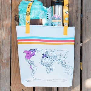 Wanderlust Color Your World Map Tote - Retro Boho Travel Shoulder Bag