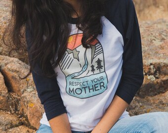 Respecteer Moeder Natuur 3/4 Indie Tee | Raglan Nature Shirt | Earth Environment Sunset Shirt | Outdoorsy Cadeau voor Haar / Hem