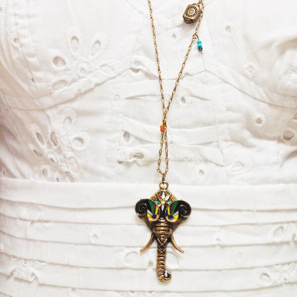 Long Elephant Necklace - Boho Chic Thin Antique Gold Tone Chain, Pendant, Orange, Turquoise, Brass Bead