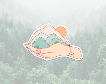 In Our Hands Sticker, Protect Earth Sticker, Earth Day Nature Lover Vinyl Sticker, Mountain Sticker, Save the Planet Spiritual Sticker