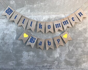 WILLKOMMEN BABY Burlap Banner, German Themed Oktoberfest Shower, Oktoberfest Baby Shower Decor, Gender Reveal, Pregnancy Announcement
