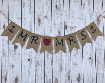 Mr & Mrs Burlap Banner, Nautical Wedding Decor, Sweet Heart's Table Garland, Wedding Shower Decoration, Mr and Mrs Burlap Banner