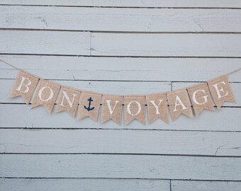 BON VOYAGE Burlap Banner,  Honeymoon Burlap Banner, Military Deployment, Wedding Send Off, Retirement Burlap Banner, Bunting Garland