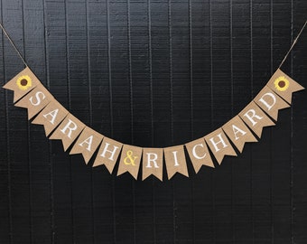 BRIDE & GROOM Custom Name Banner, Sunflower Theme, Wedding Burlap Banner, Bridal Shower Banner