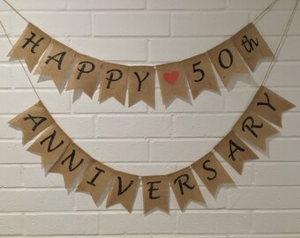 HAPPY ANNIVERSARY 50th (or any #) Burlap Banner, Anniversary Bunting, Anniversary Decoration, Anniversary Garland
