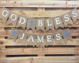 First Communion Banner, Baptism Banner, Christening Decorations, God Bless, Burlap Banner, Confirmation Bunting Garland, Photo Prop