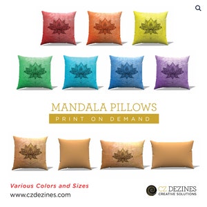 May include: A collection of square and rectangular throw pillows in various colors, each featuring a mandala design. The pillows are in shades of red, orange, yellow, green, blue, and purple. Text on the image reads "Mandala Pillows, Print on Demand."