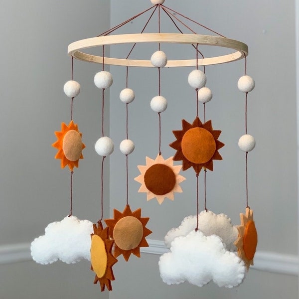 Felt Boho Sun and Clouds Crib Mobile, Here Comes The Sun Nursery Decor, Sunshine Nursery Theme, Handmade Crib Mobile, Boho Nursery Decor