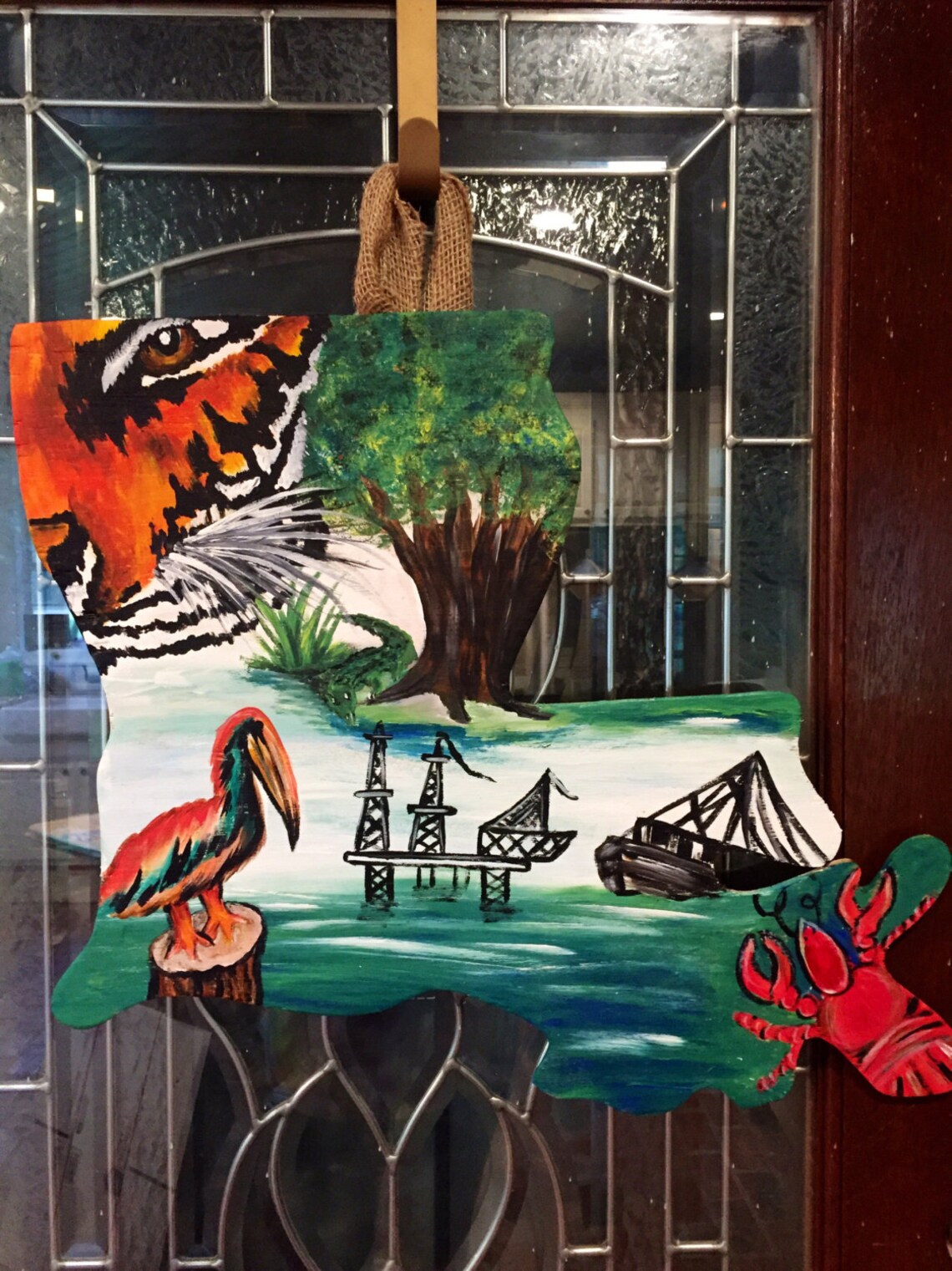 Louisiana Cut Out with Tiger Mascot Printed Door Hanger with Bow