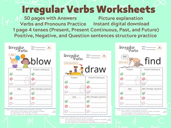 50 Printable Irregular Verbs Worksheet With Answers Verbs - Etsy