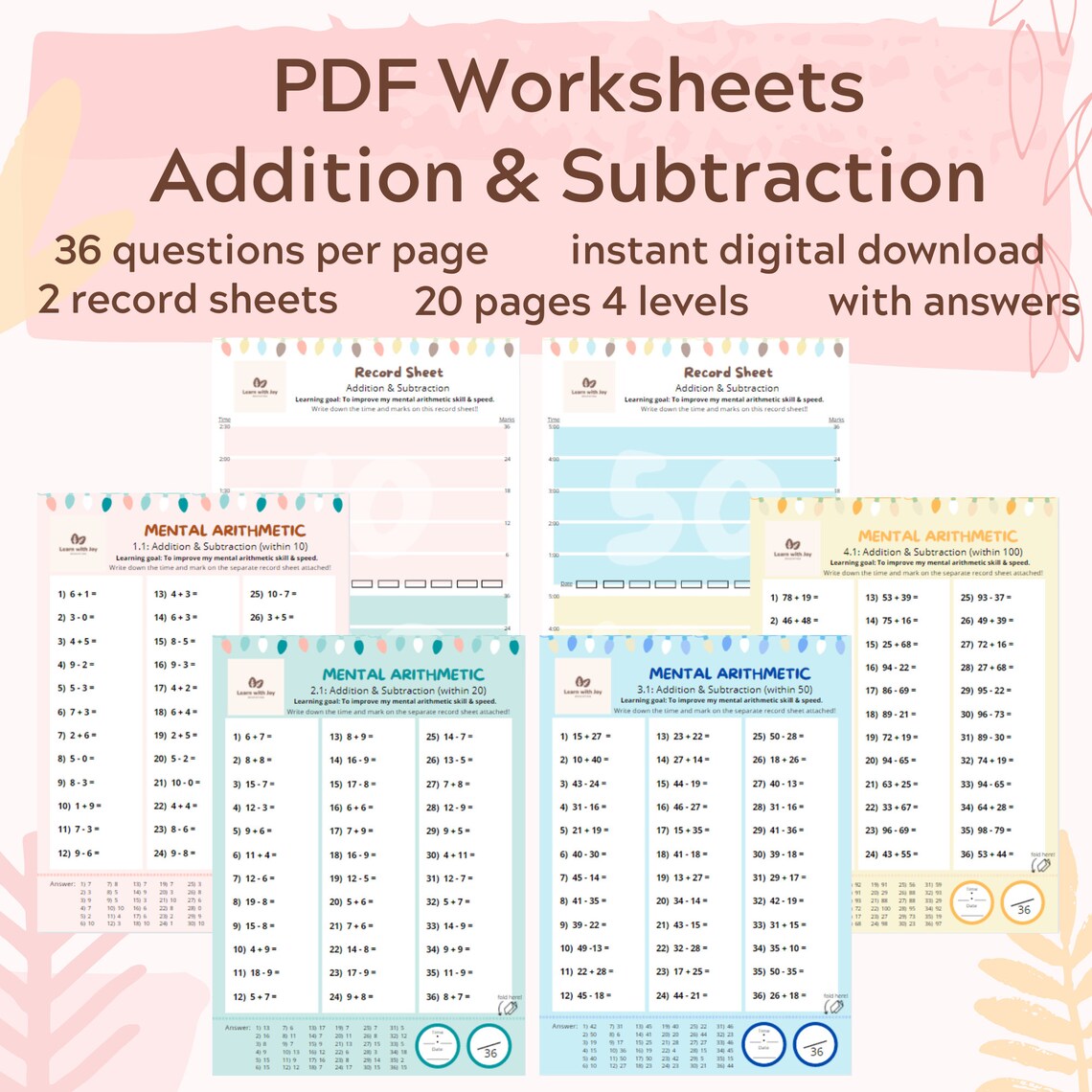 20+2 Printable Mental Arithmetic Math Worksheet With Answers * Addition ...