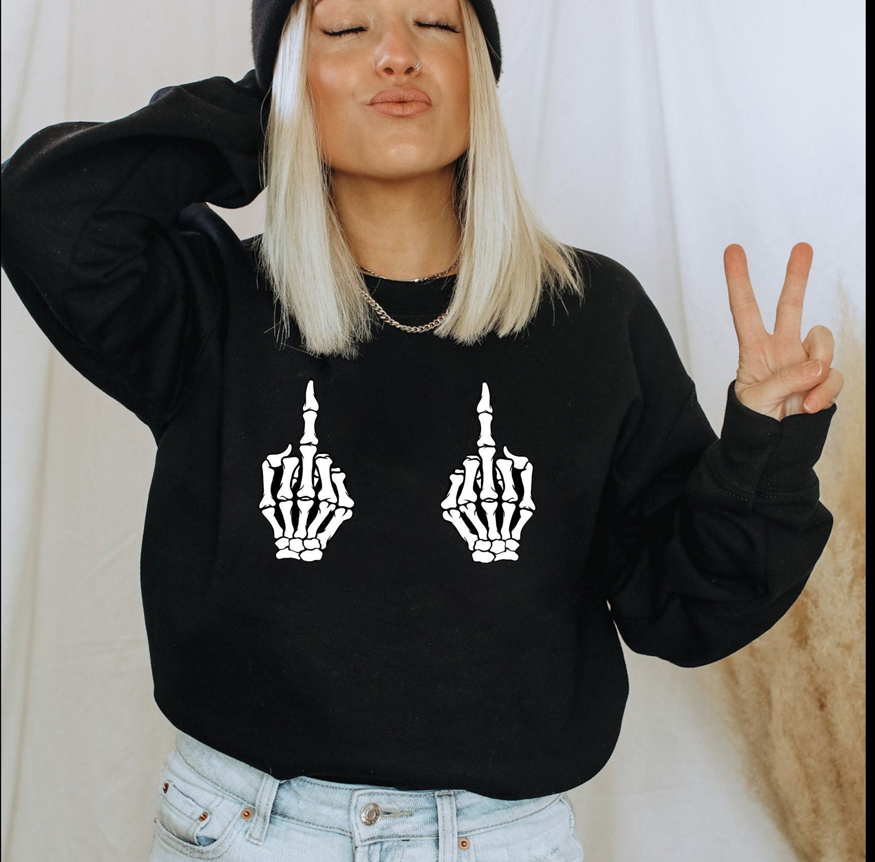 Skeleton Middle Finger Sweatshirt Halloween Skeleton Skull - Etsy