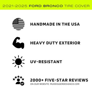 May include: Black and white graphic of the United States flag, a bicep, a sun, and a person with a checkmark. Text reads "Handmade in the USA", "Heavy Duty Exterior", "UV-Resistant", "2000+ Five-Star Reviews", and "On our website: muddiggerdesignco.com".