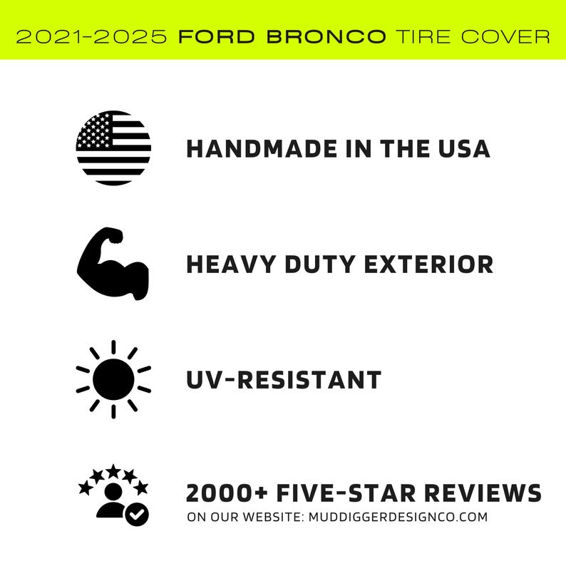 May include: Black and white graphic of the United States flag, a bicep, a sun, and a person with a checkmark. Text reads "Handmade in the USA", "Heavy Duty Exterior", "UV-Resistant", "2000+ Five-Star Reviews", and "On our website: muddiggerdesignco.com".
