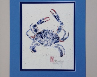 Blue Crab Gyotaku Print 8x10 Blue Crab Painting with 14x11 mat Beach decor