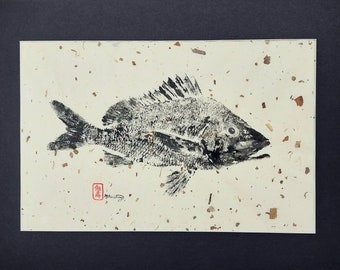 White Grunt No. 1, Gyotaku Fish Print Original 17x11 matted to 22x16 on rice paper