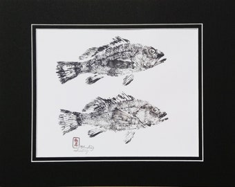 Black Sea Bass Gyotaku fish print 8x10 with 11x14 mat