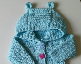 Knitted Bear Ear Cardigan: Soft Acrylic Baby Hoody