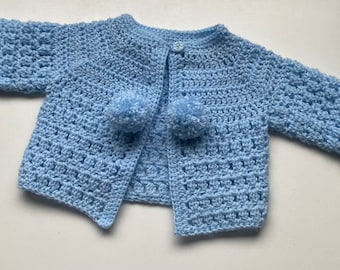 Crochet Baby Cardigan: Cloud Blue Pom Pom Sweater (0-3 Months)
