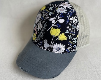 Women's cute baseball hat, women's dad hat, black floral trucker, unique dad hat, womens low profile cap, distressed cap, best gift for wife