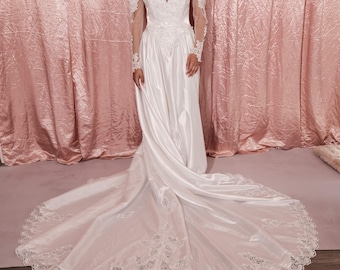 Vintage 80s Lace Wedding Dress - Sheer Sleeves, Cathedral Train